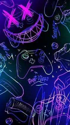 neon colored doodles on a black background that looks like video game controllers and heads