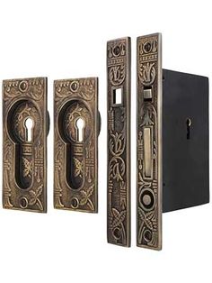 three different styles of door handles and knobs with decorative designs on the front, back and sides