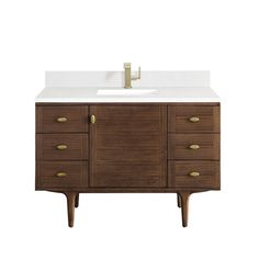 a bathroom vanity with drawers and a white counter top on an isolated white background for use as a sink