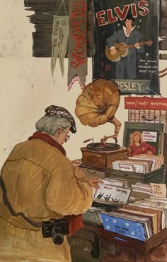 a painting of an old man playing the record player in front of a store window