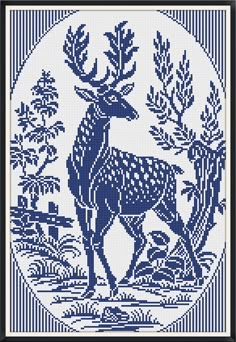 a blue and white cross stitch pattern with a deer standing in the woods, surrounded by trees