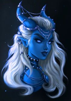 a painting of a woman with horns on her head and long hair, wearing blue makeup