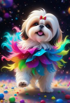 a white dog with colorful hair standing in front of some balls and confetti