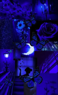 a collage of images with blue lights and butterflies