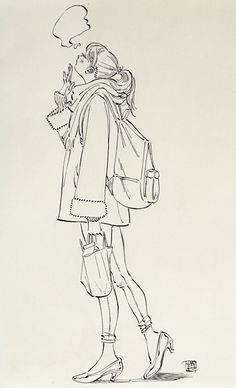 a black and white drawing of a woman with a backpack