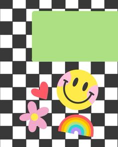 a smiley face on a checkerboard background with flowers and a rainbow in the corner