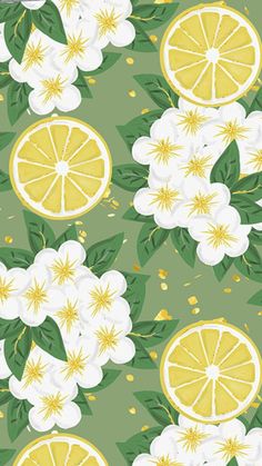 an image of lemons and flowers on a green background