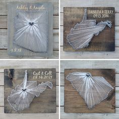 four different pictures of metal artwork on wooden boards