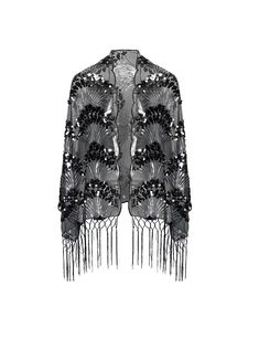 PRICES MAY VARY. Chiffon,Polyester,Sequin Material: high quality polyester with sequins,fringe and embroidery Size: One size fits most. 63.4"x24" (length of fringe not included); Length of fringe: 9.3". Design: See-through evening shawl and wrap embellished with sequined shell, embroidery decoration and open front design, ends with tassel weaving design. This chiffon and lightweight wrap with blinking decorative sequins can match perfectly with your 1920s flapper outfit, also charming with any o Peacock Shawl, Evening Shawls And Wraps, Race Wedding, Shell Embroidery, Flapper Outfit, Cape Wedding, Gatsby Themed Party, Sequin Material, Evening Shawls