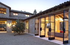 an outside view of a house at dusk