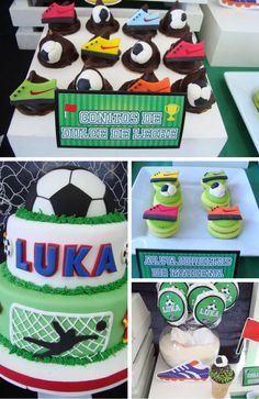 a collage of photos with cakes and cupcakes in the shape of soccer balls