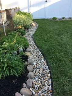 a garden with rocks and grass in the ground next to a fenced in area