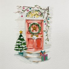 a watercolor painting of a red door decorated for christmas