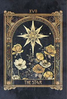 the star tarot card with flowers in front of it and an ornate frame around it