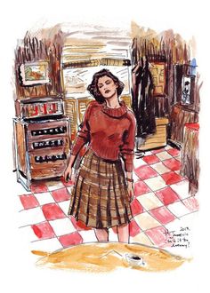 a drawing of a woman in a kitchen