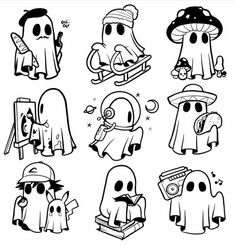 some cartoon characters with hats and scarves on their heads, in black and white