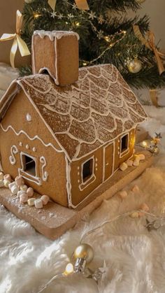 a gingerbread house is sitting in front of a christmas tree with lights on it