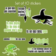 some stickers that are on the side of a green background with an image of a witch