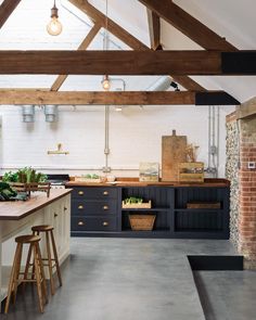 a kitchen with an island, counter and stools in the middle of the room