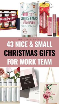 43 nice and small Christmas gifts for work team and more gift ideas in the gift guide on mindfulnessinspo.com Cute Small Christmas Gifts, Inexpensive Coworker Christmas Gifts, Gifts For Employees From Boss, Coworker Holiday Gifts