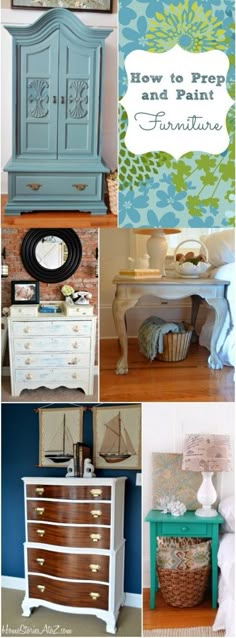 several different pictures of furniture with the words how to rep and paint furniture on them