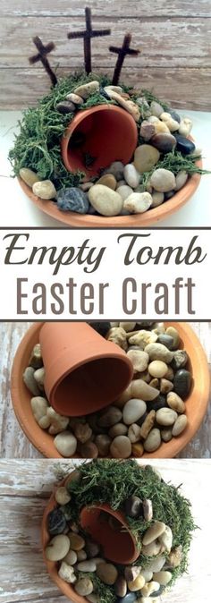 an easter decoration made out of rocks and moss with the words empty tona on it