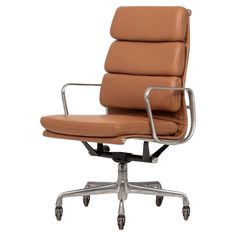 an office chair with leather upholstered seat and chrome frame base, viewed from the front