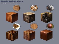 many different wooden objects are shown in this image