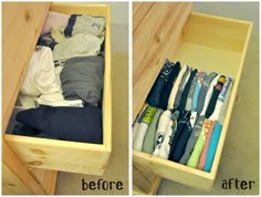 an open drawer with clothes in it and another image showing how to organize the drawers