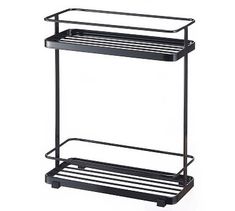 a black metal shelf with two shelves on it