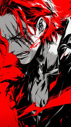 an anime character with long red hair and black clothes, standing in front of a red background