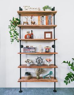 a book shelf with books, plants and other items on it in a room next to a wall