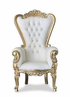 a white chair with gold trimmings on the arm and back, sitting against a white background