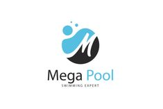 the logo for mega pool swimming expert, which is designed to look like an ocean wave