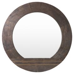 a round mirror with a wooden frame around it