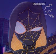 a spider - man with his eyes closed in front of a cityscape