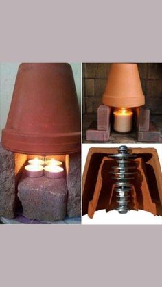 three different views of a clay oven with two candles in it and one on the ground