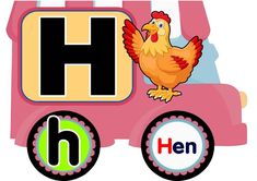 the letter h is for hen with an image of a chicken on it's side