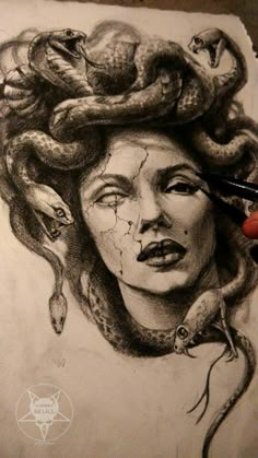 a drawing of a woman with snakes on her head