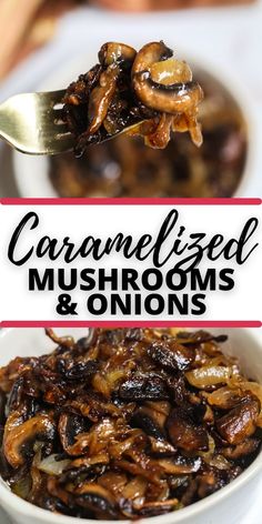 caramelized mushrooms and onions in a white bowl with a spoon on the side