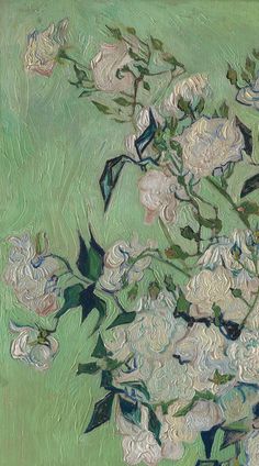 a painting of white flowers on a green background