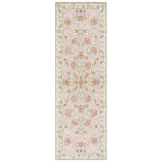 a long rug with flowers and vines on the bottom, in pink tones is shown