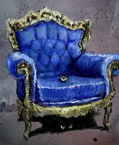 a painting of a blue chair with gold trim