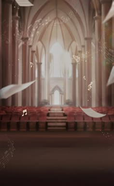 an artistic photo of a church with music notes flying in the air and on the pews