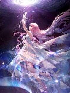 an anime character with long pink hair and flowing white dress, holding her arms up in the air