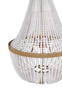 a white beaded chandelier hanging from the ceiling