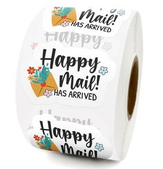 a roll of happy mail has arrived stickers on the front and back of it