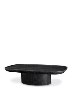 an oval wooden table with black wood grain on the top and bottom, in front of a white background