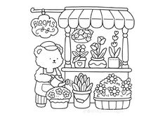 a black and white line drawing of a flower shop with potted plants on the shelf