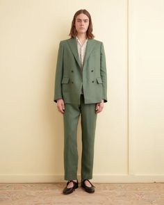 Linen Double-Breasted Suit Jacket - Green – BODE Tailored Linen Classic Pantsuit, Spring Linen Suit With Button Closure, Classic Three-piece Suit With Suit Collar For Spring, Classic Linen Pantsuit For Formal Occasions, Classic Single-breasted Three-piece Suit For Spring, Classic Single Breasted Three-piece Suit For Spring, Spring Semi-formal Three-piece Suit, Tailored Three-piece Suit With Notch Lapel For Spring, Spring Three-piece Suit With Notch Lapel